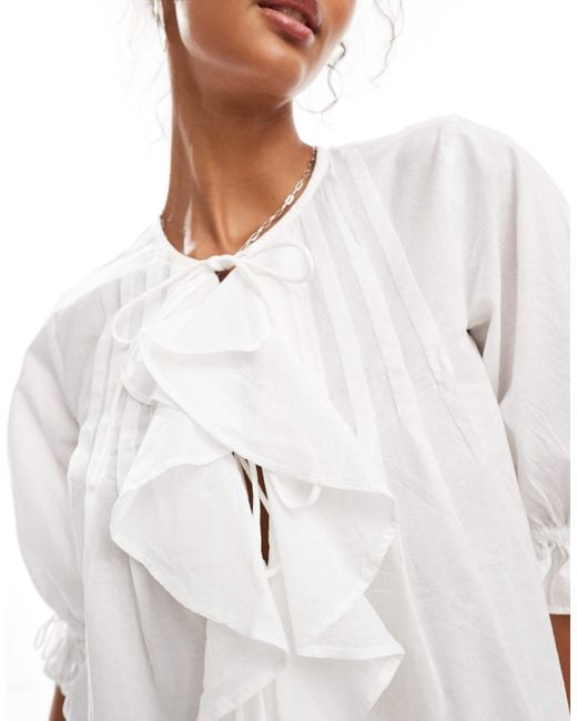 ASOS White Ruffle Front Top With Pleat Detail And Tie Front