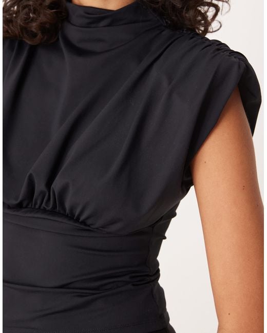 ASOS Black Grown On Neck Cinched Top With Shoulder Pad Detail