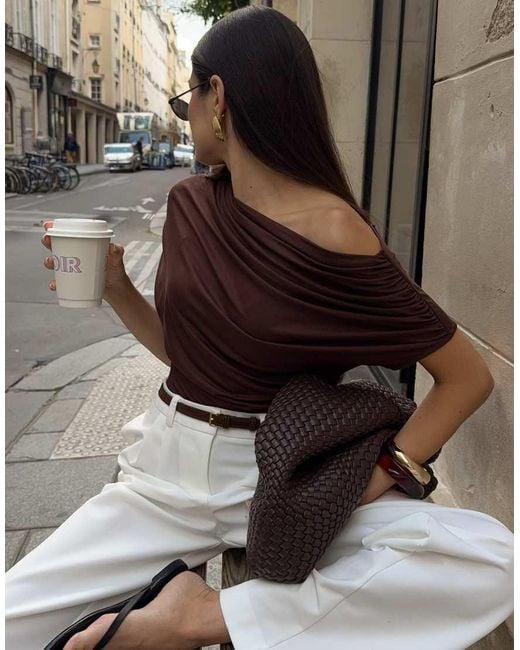 NA-KD Brown Soft Line Draped Top