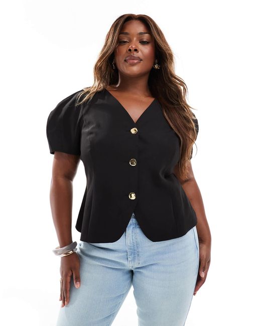 Curve - blazer moulé aux hanches avec manches courtes et bouffantes ASOS en coloris Black