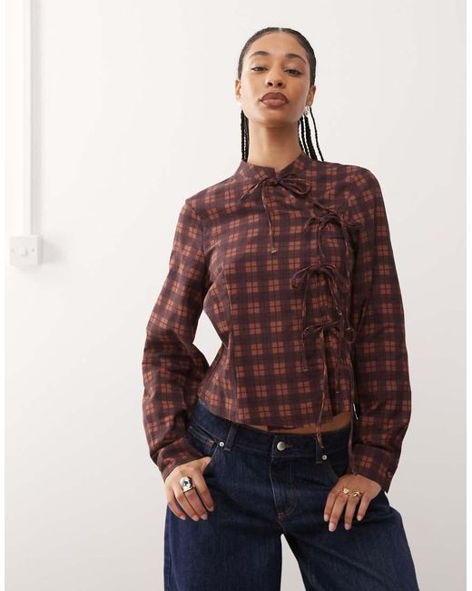 Reclaimed Vintage Red Long Sleeve Fitted Shirt With Asymmetric Tie Detail
