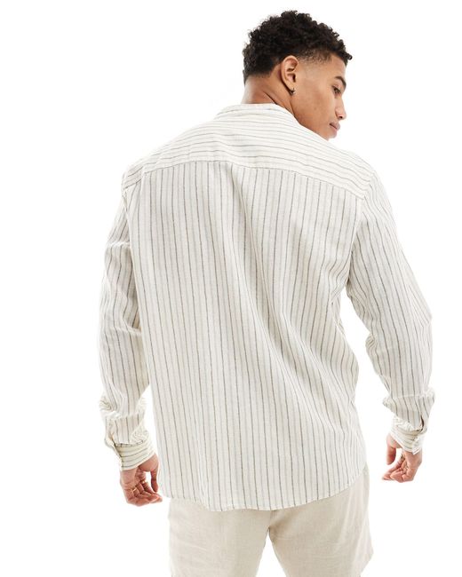 Pull&Bear White Rustic Linen Stripe Grandad Neck Shirt for men