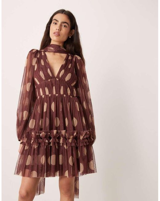 LACE & BEADS Brown Tulle Scarf Neck Mini Dress