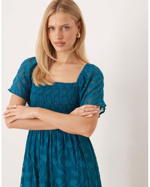 Lovedrobe Blue Floral Burnout Square Neck Shirred Midaxi Dress