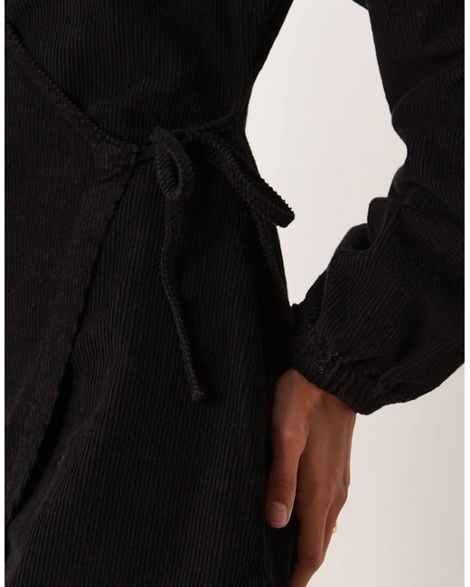ASOS Black Corduroy Puff Sleeve Wrap Dress