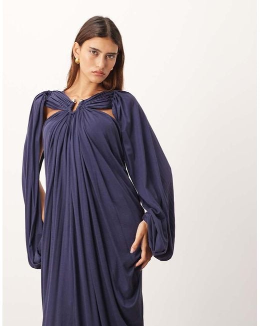 ARRANGE Blue Drape Midi Dress With Balloon Sleeve And Hardware Detail