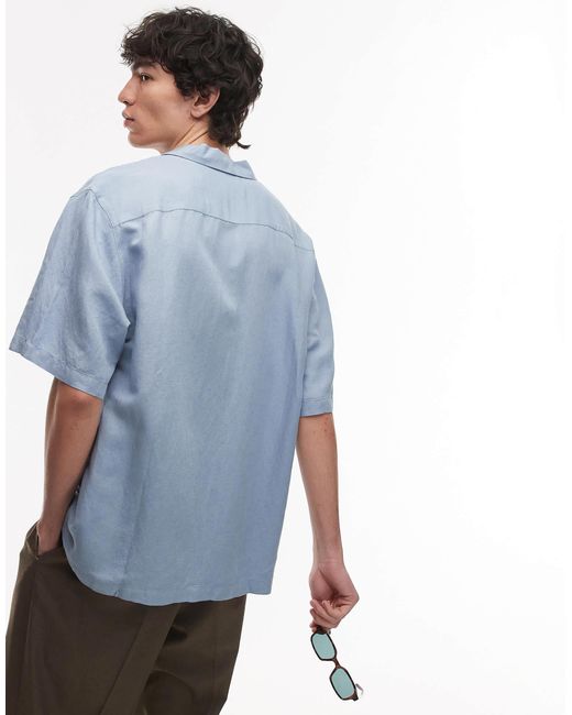 Topman Blue Regular Fit Short Sleeve Linen Blend Shirt for men