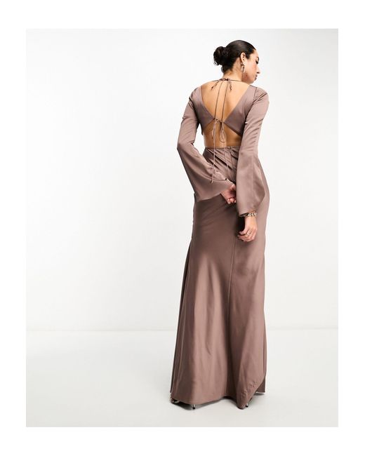ASOS Natural Asos Design Tall Satin Flare Sleeve Cut Out Maxi Dress
