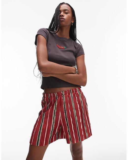 TOPSHOP Red Stripe Plisse Wide Leg Shorts