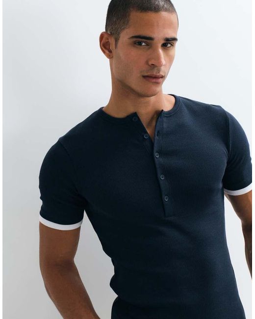 ASOS Blue Muscle Fit T-shirt With Henley Neck And Double Layer for men