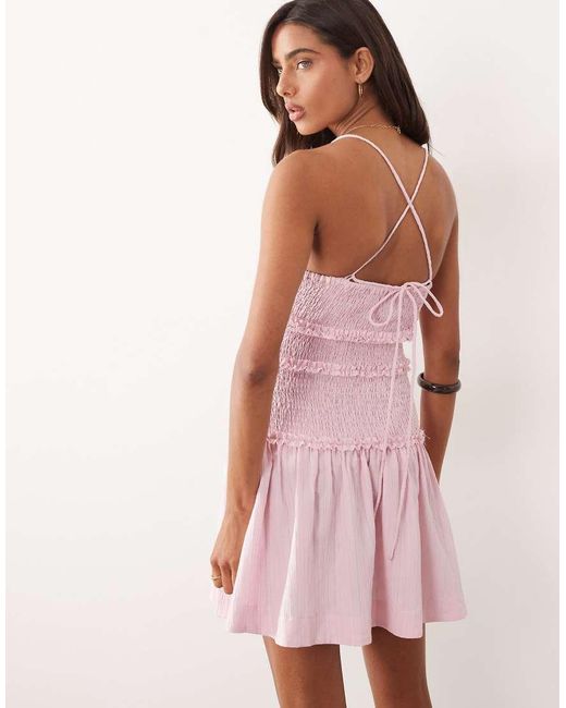 ASOS Pink Crinkle Mini Sundress With Shirred Dropped Waist