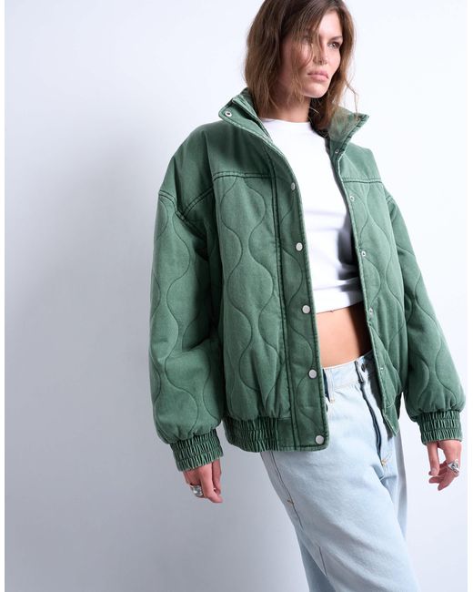 TOPSHOP Green – gesteppte oversize-bomberjacke aus baumwolle