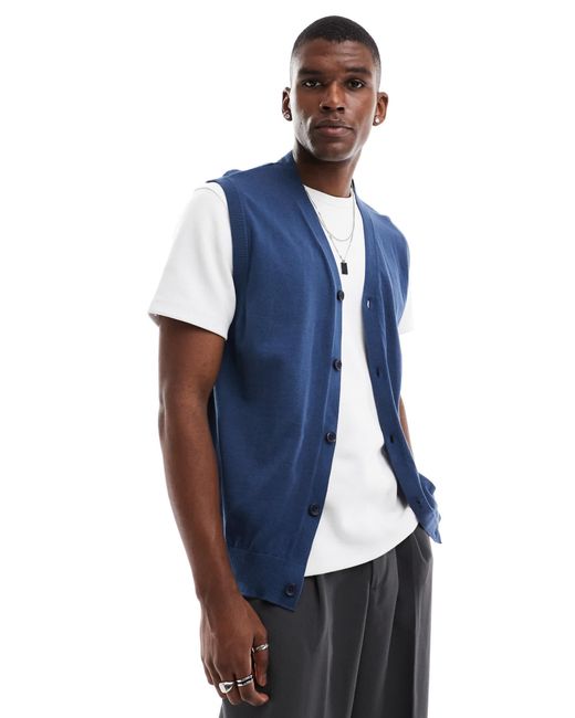 Threadbare Blue Knitted Button Up Waistcoat for men