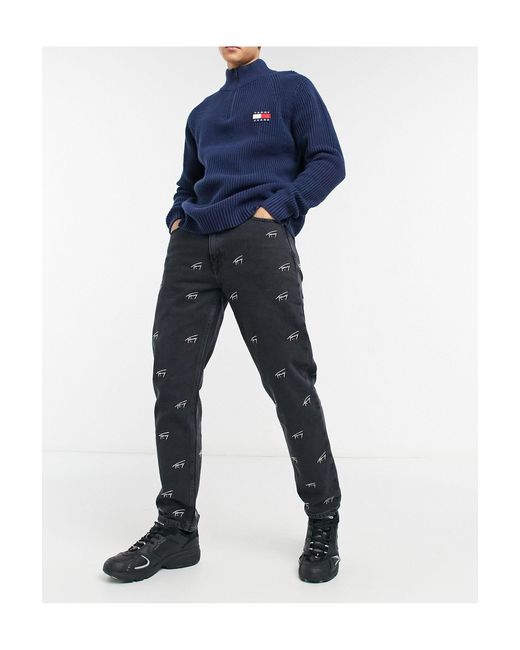 Tommy Hilfiger Black Dad Straight Fit All Over Logo Jean for men