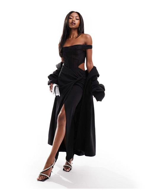 Robe corset mi-longue en dentelle à encolure bardot avec jupe torsadée ASOS en coloris Black