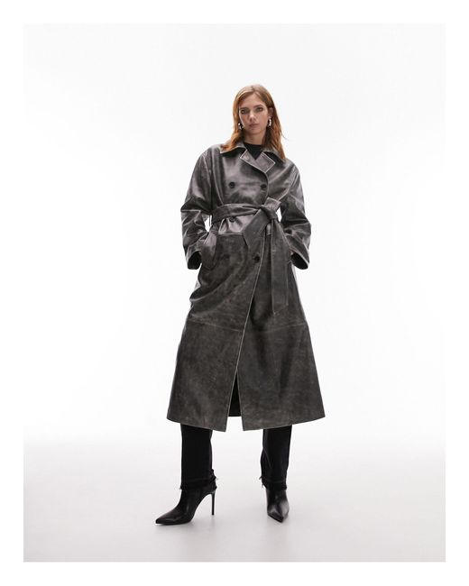 TOPSHOP Black Real Leather Washed Effect Trench Coat