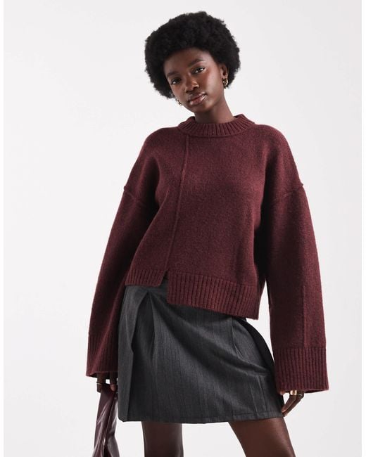 ASOS Red Crew Neck Jumper With Seam Front Detail And Stepped Hem