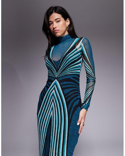 AFRM Blue Stretch Mesh Abstract Stripe High Neck Long Sleeve Maxi Dress