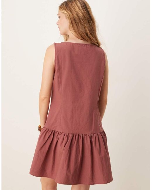 ASOS Red Button Down Dropped Waist Mini Dress With Straight Neck