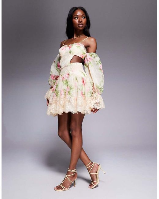 ASOS Yellow Printed Skater Mini Dress With Lace Cut Out