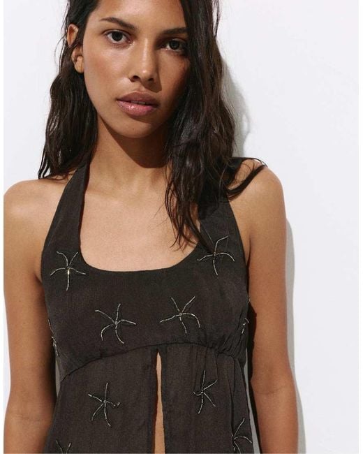 Pull&Bear Black Beaded Halter Top