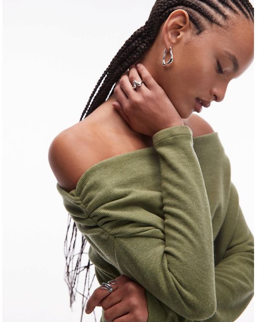 ASOS Green Supersoft Ruched Off Shoulder Long Sleeve Top