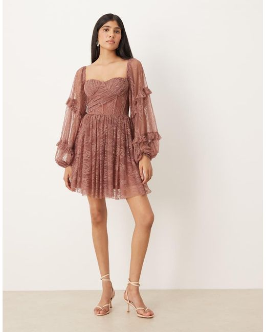 LACE & BEADS Pink Balloon Sleeve Ruffle Lace Mini Dress