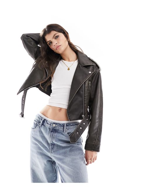 ASOS Blue Oversized Leather Look Washed Cropped Biker With Belt Detail