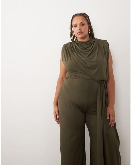 Tfnc Plus Green Draped Detail Sash Jumpsuit