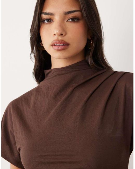 ASOS Brown Co-Ord Linen Look Drape High Neck Top