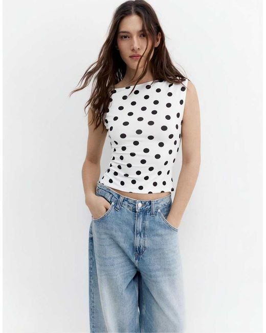 Pull&Bear Blue Gathered Polka Dot Asymmetric Top