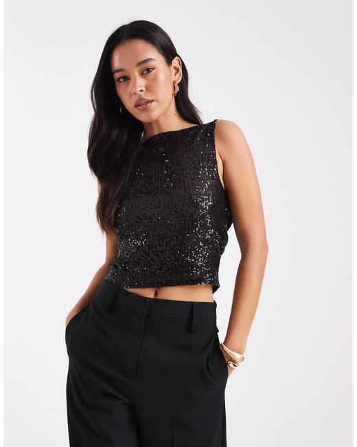 Collusion Black Cowl Back Slash Neck Sequin Top