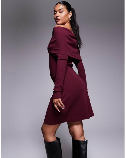 ASOS Red Bardot Rib Mini Dress With Button Detail