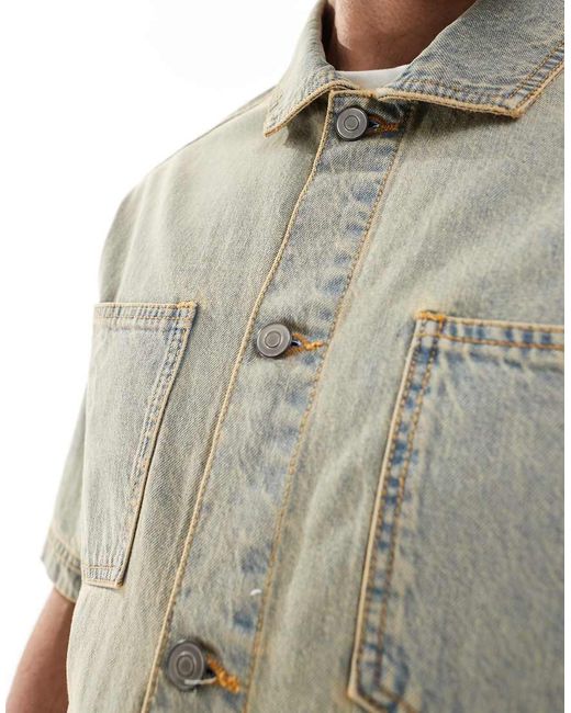 Another Influence Recht Denim Overhemd Met Korte Mouwen in het White voor heren