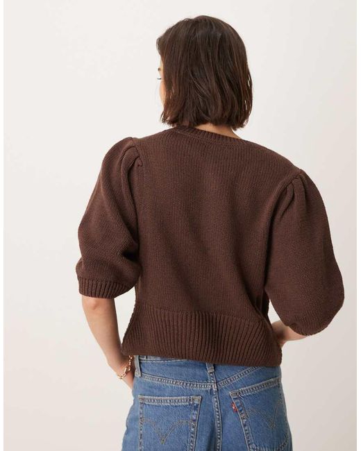 ASOS Blue Crew Neck Cardigan With Puff Sleeve