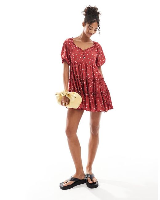 Daisy Street Red Smock Tie Mini Dress