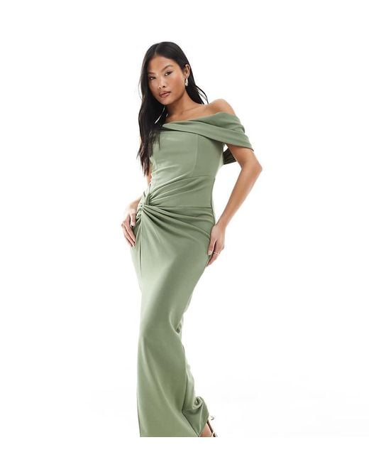 TFNC London Green Bridesmaid Fallen Shoulder Maxi Dress With Split