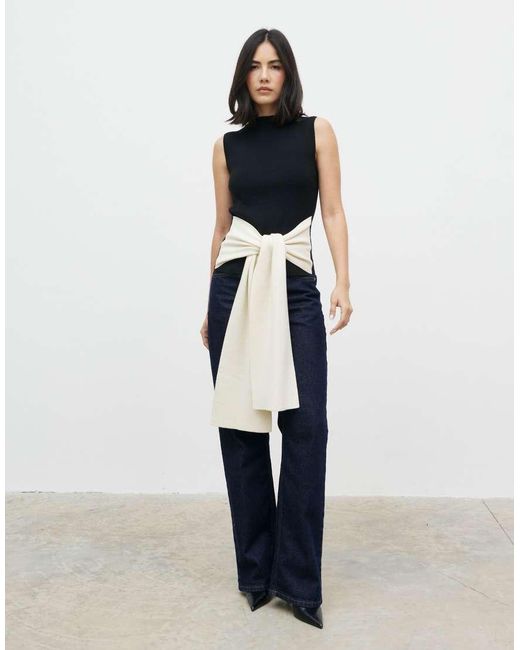 Pretty Lavish Black Ribbed Knit Sleeveless Contrast Tie Waist Detail Top