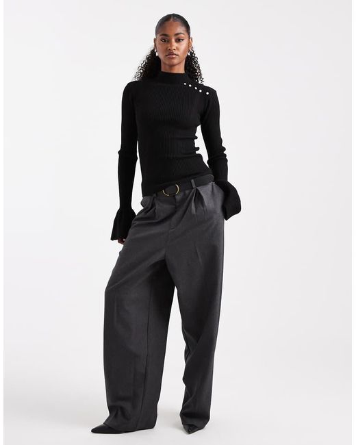 The Frolic Black Exclusive Ribbed Knit Pearl Detail Flare Sleeve Jumper