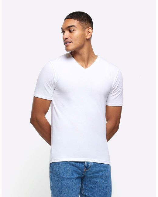 River Island White Muscle Fit V Neck T-shirt for men
