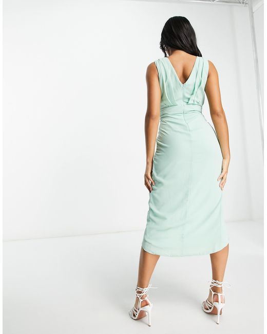 TFNC London White Bridesmaid Wrap Front Chiffon Midi Dress With Embellished Shoulder Detail
