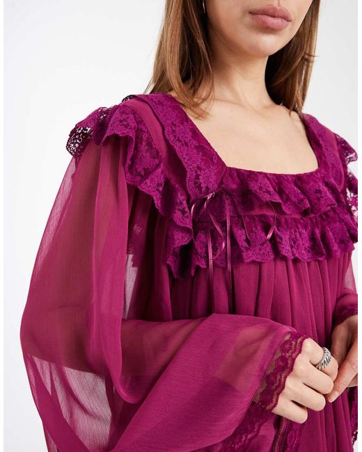 Miss Selfridge Pink Fla Sleeve Mini Chiffon & Lace Dress