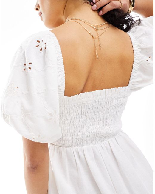 New Look White Shirred Waist Broderie Detail Sleeve