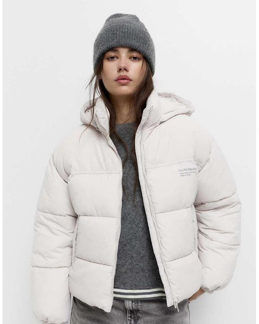 Pull&Bear White Logo Puffer Jacket