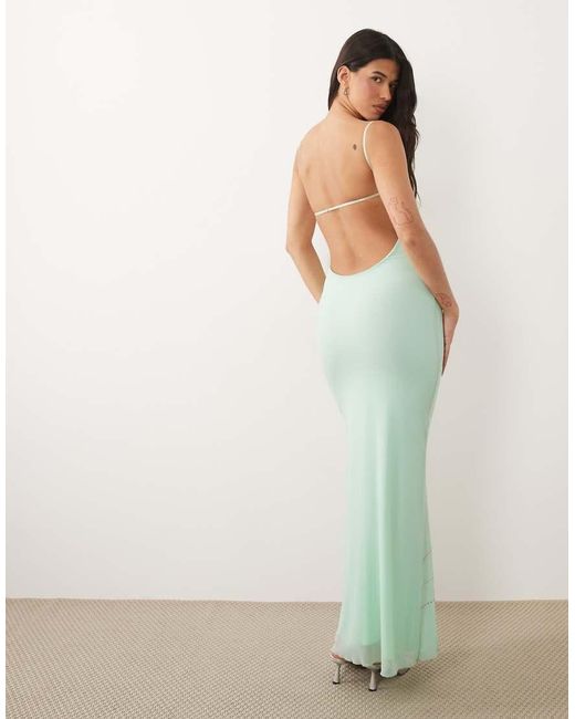 Tiger Mist Green Ophelia Diamante Flower Detail Strappy Tie Front Low Back Maxi Dress