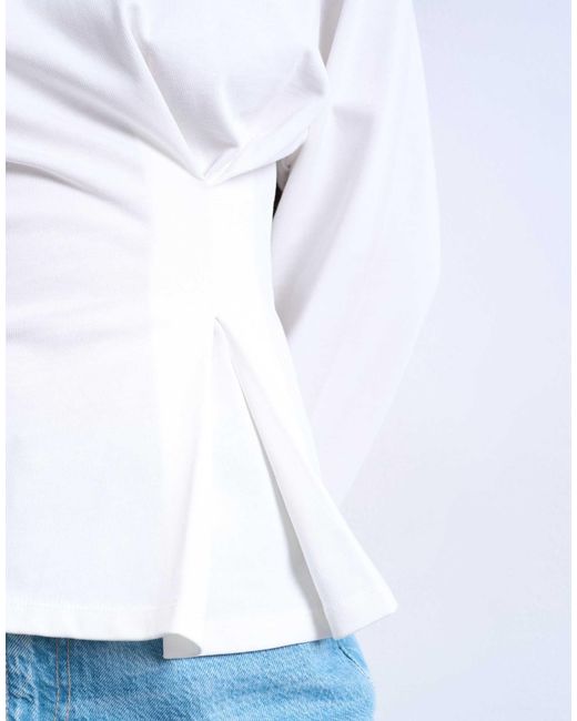 TOPSHOP White Cinch Waist Structured Long Sleeve Tee