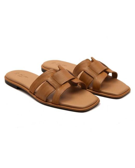 OFF THE HOOK Brown Heath Leather Slip On Flat Sandals