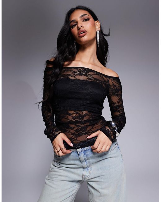 ASOS Gray Gathered Off The Shoulder Mesh Top