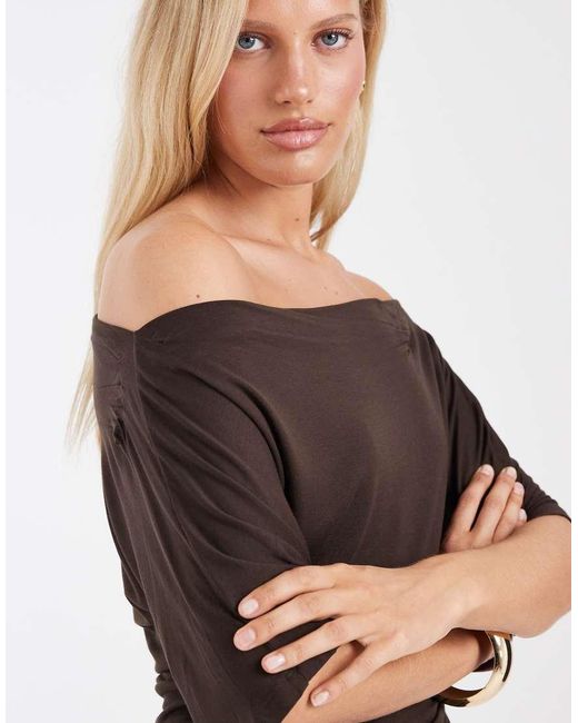 Noisy May Brown Boatneck Top With Ruched Detail