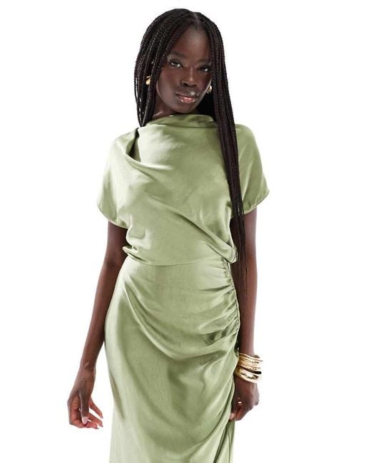 Six Stories Green Bridesmaid Ruched Drape Satin Maxi Dress